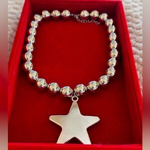 Chunky star necklace silver tone pearl chain large